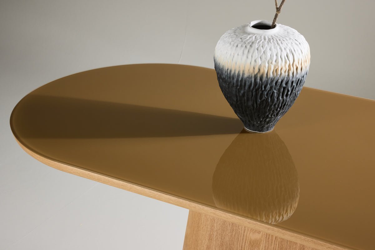 Esstisch Trianda - ovaler Esstisch in Naturoptik mit Glasplatte