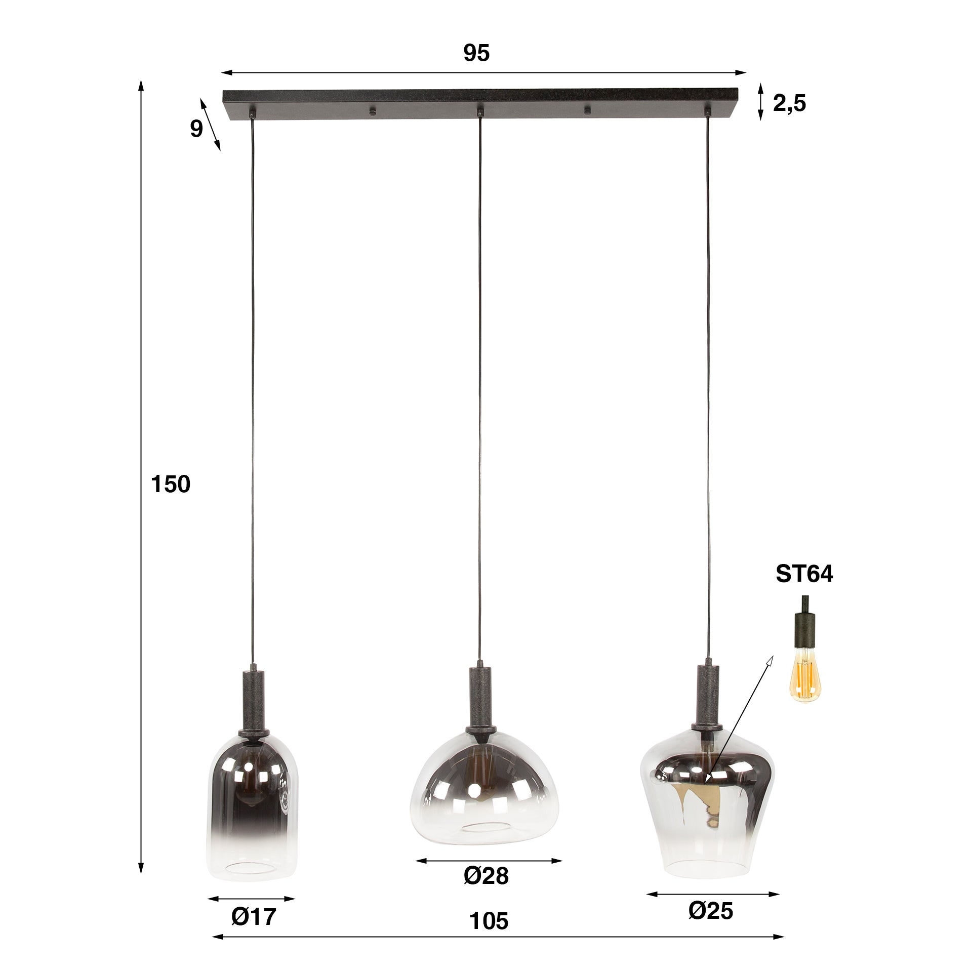 Pendelleuchte „Alveris“ – Rauchglas mit Farbverlauf in 3 verschiedenen Formen