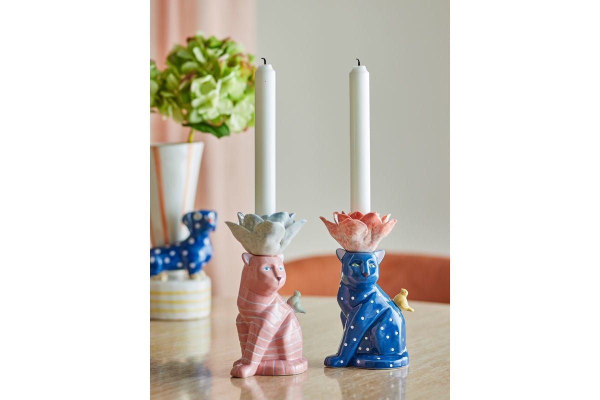 Kerzenhalter Felinea – Katzenmotiv mit reaktiver Glasur (2er-Set)