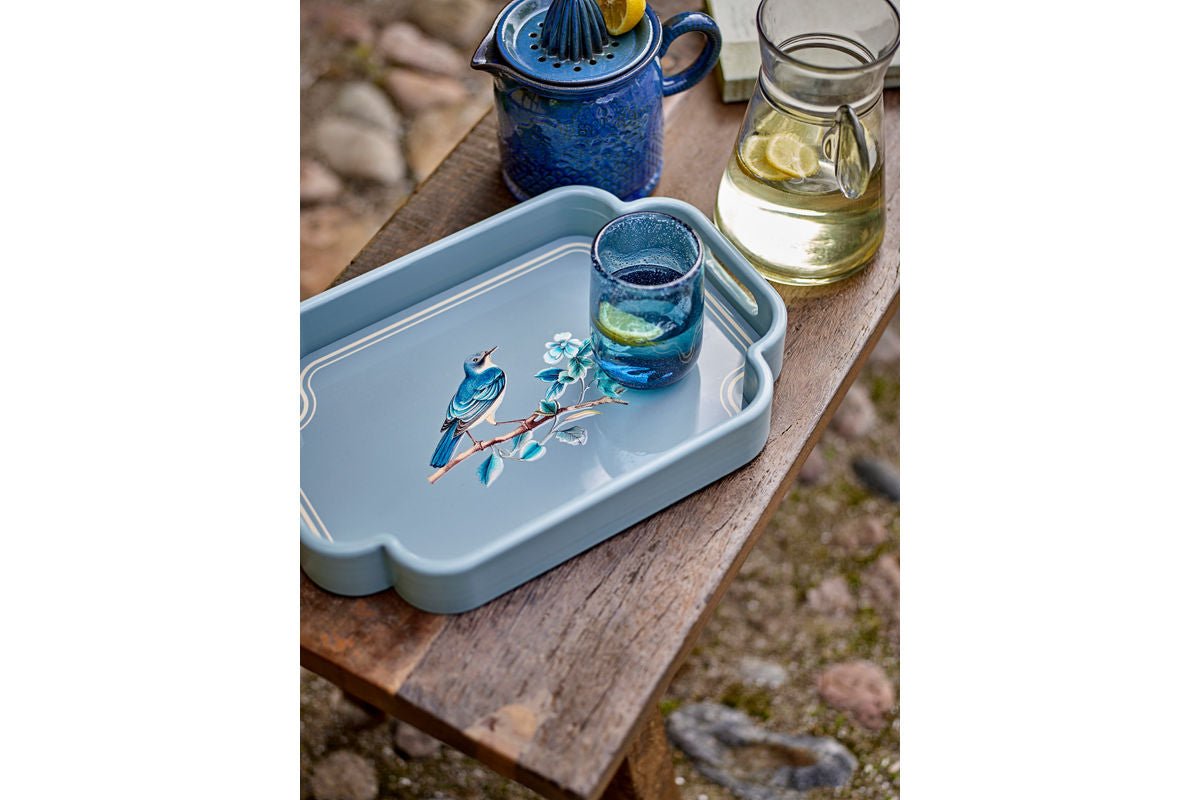 Tablett Bellora – Illustratives Vogelmotiv in Blautönen