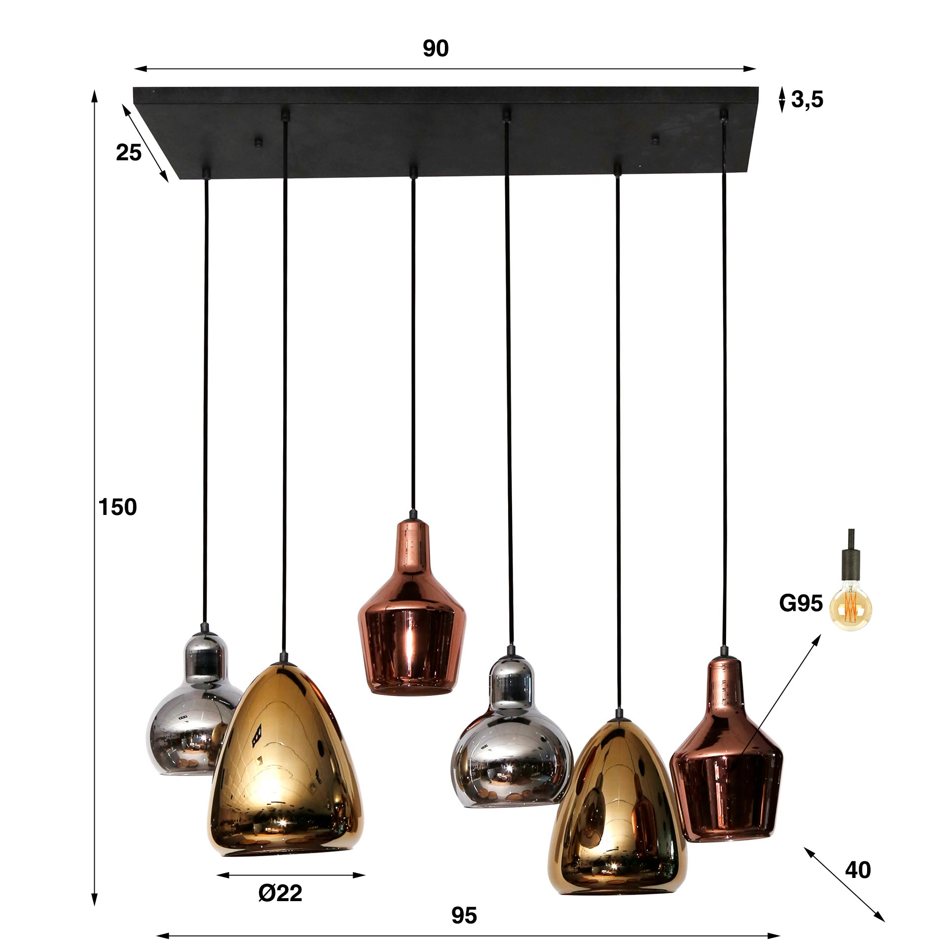 Pendelleuchte "Arvella“ –  6 Leuchten in Gold, Kupfer und Chrom in verschiedenen Formen