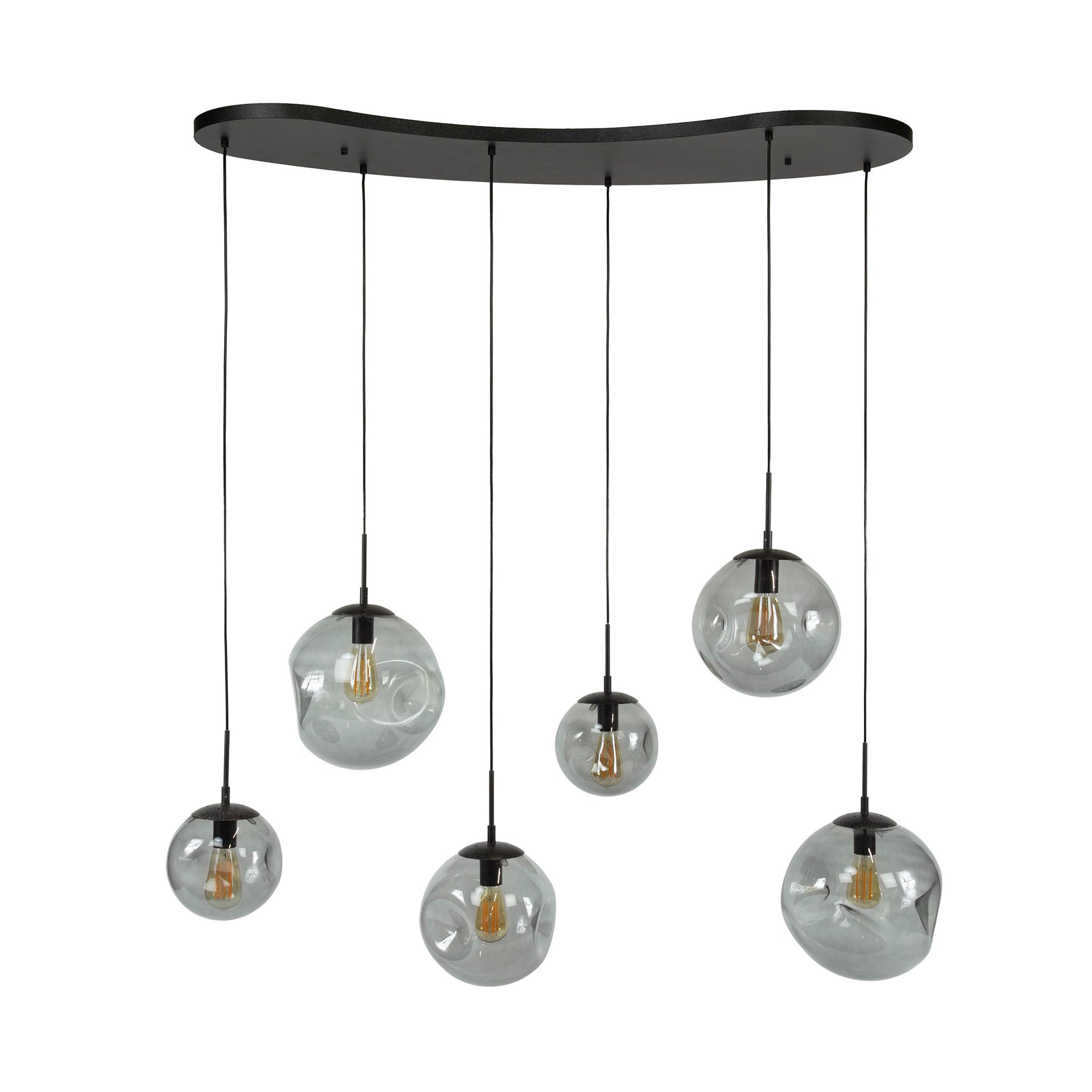 Pendelleuchte „Zephyra“ – 6 Leuchten im Rauchglas Design mit organischem Deckensockel