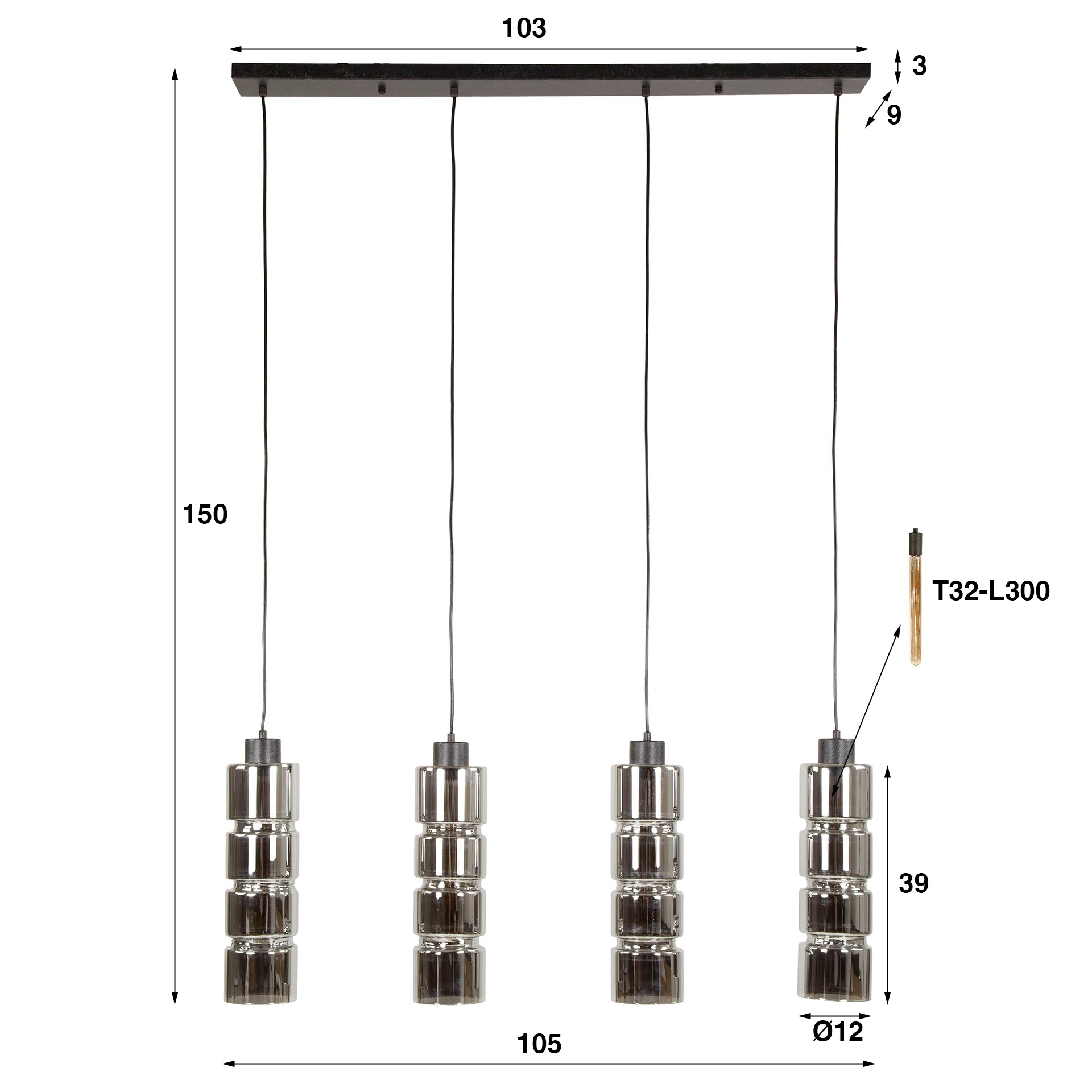 Pendelleuchte „Navaro“ – 4 Leuchten mit verchromten Glasschirmen in Zylinder-Form