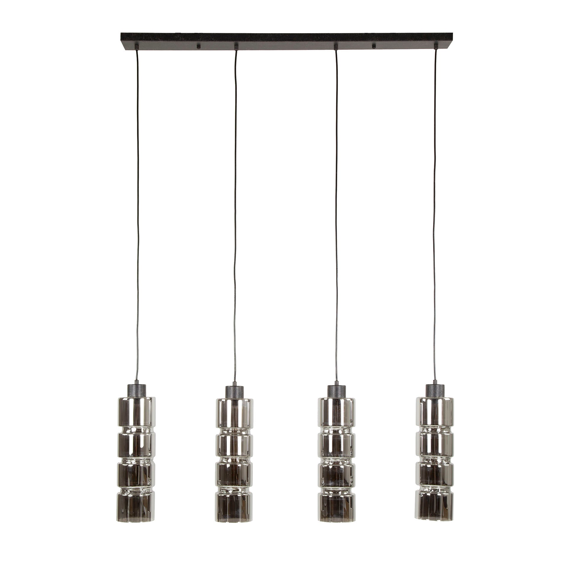 Pendelleuchte „Navaro“ – 4 Leuchten mit verchromten Glasschirmen in Zylinder-Form