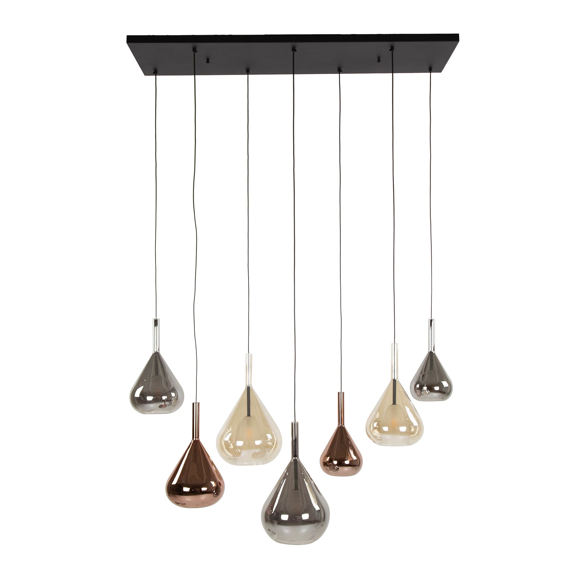 Pendelleuchte "Lumora“ – 7 tropfenförmige Glasschirme in Bernstein, Kupfer und Chrom