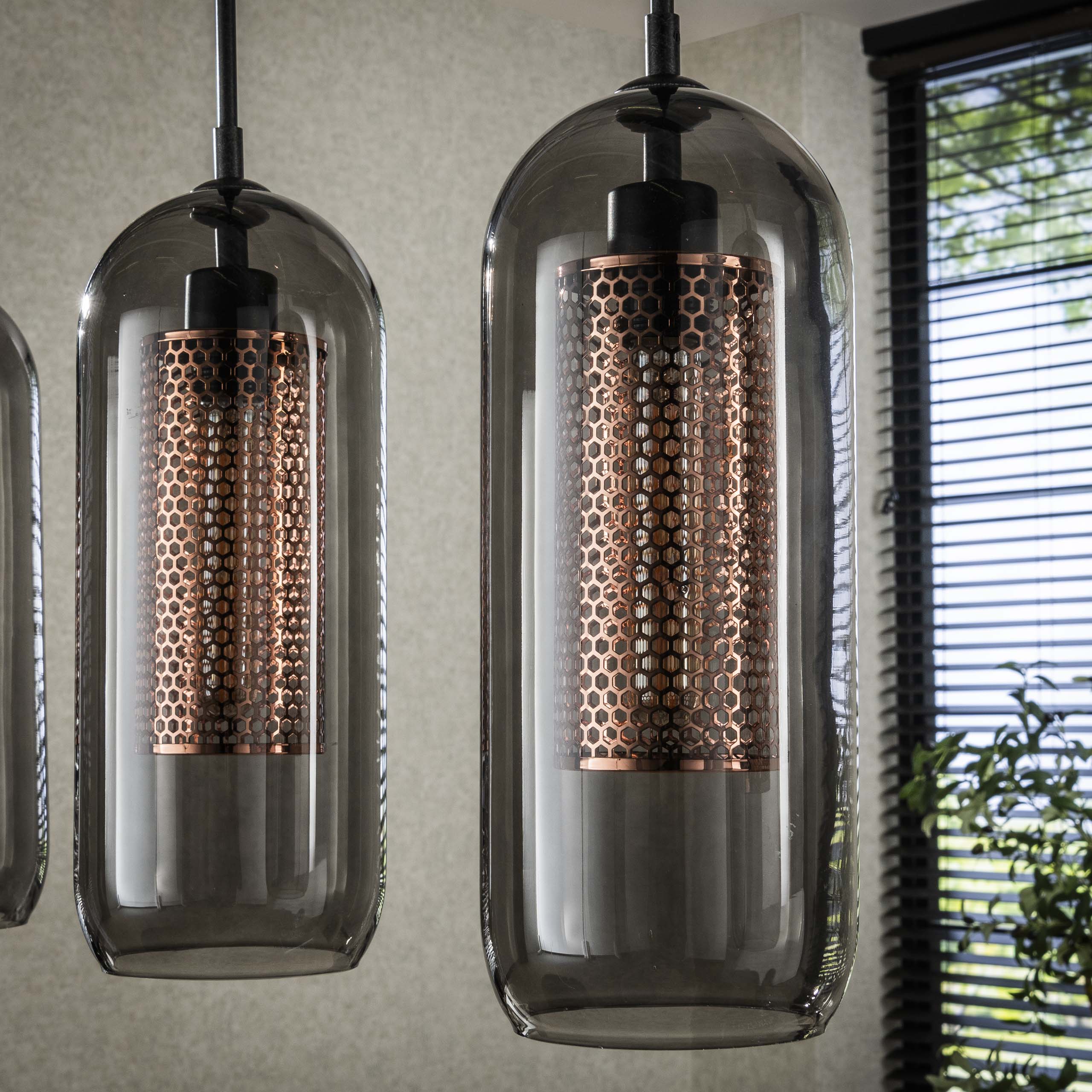 Pendelleuchte „Rivella“ –  Mit 4 Leuchten im Rauchglas-Mesh-Design mit zylindrischen Kupfergitterschirmen