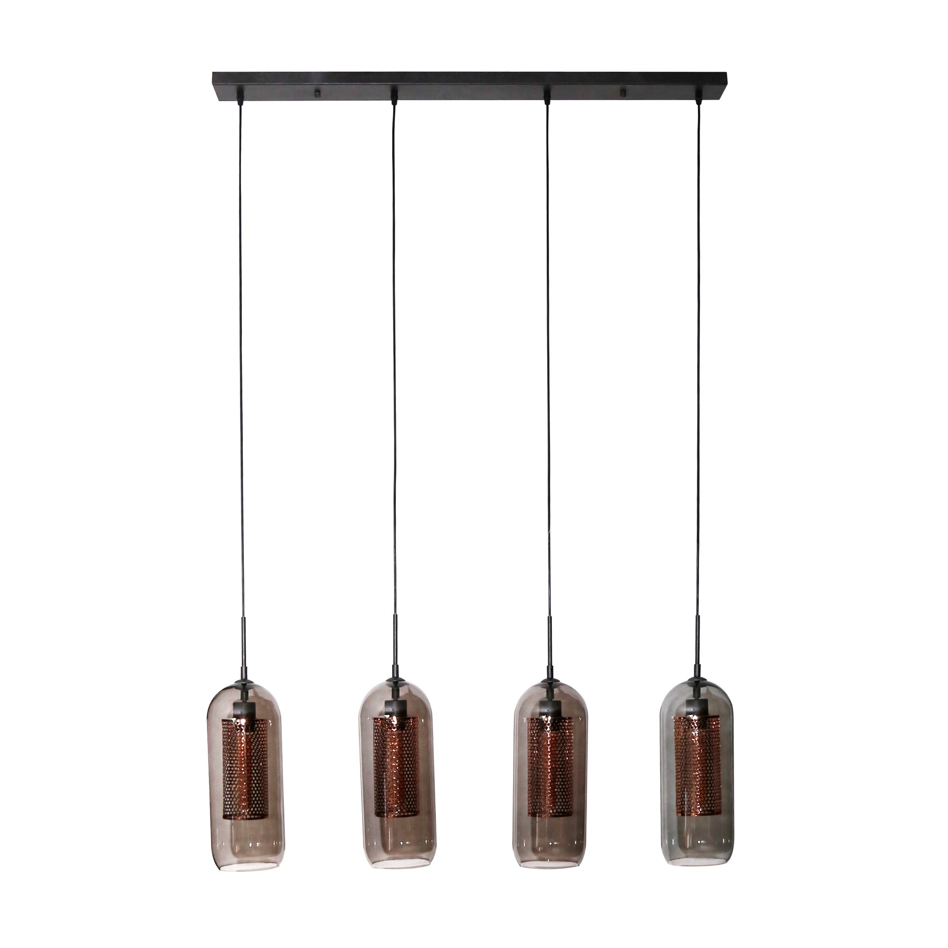 Pendelleuchte „Rivella“ –  Mit 4 Leuchten im Rauchglas-Mesh-Design mit zylindrischen Kupfergitterschirmen