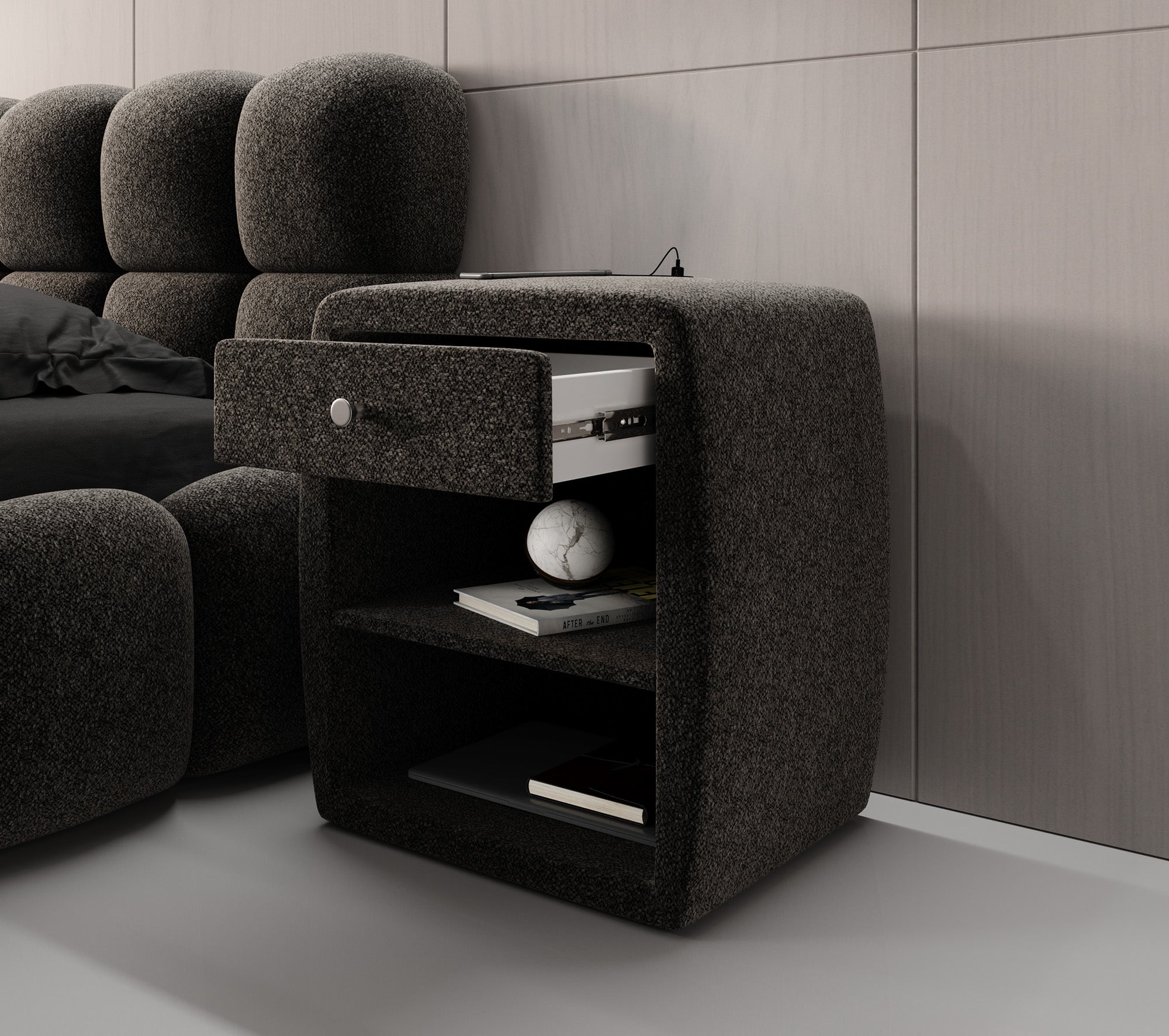 Designer Nachttisch Lilly mit USB Anschluss in Strukturstoff