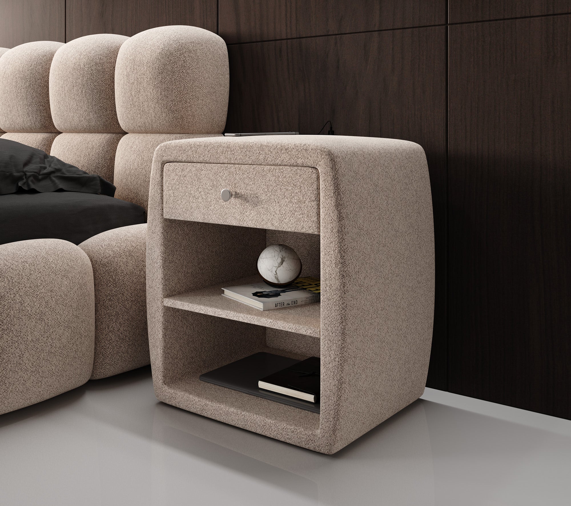 Designer Nachttisch Lilly mit USB Anschluss in Strukturstoff