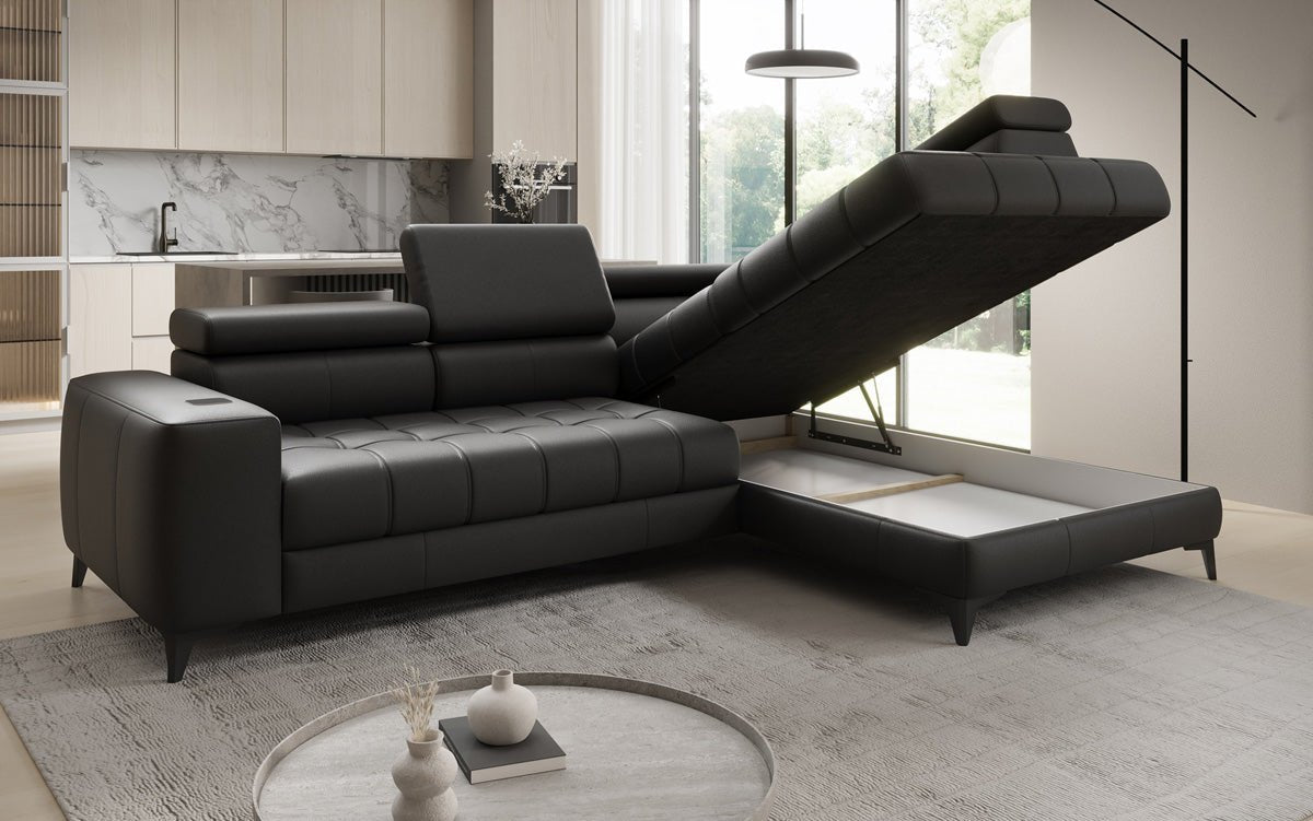 Designer L Sofa Seluna mit elektrischer Schlaffunktion, Induktion und Stauraum in Echtleder