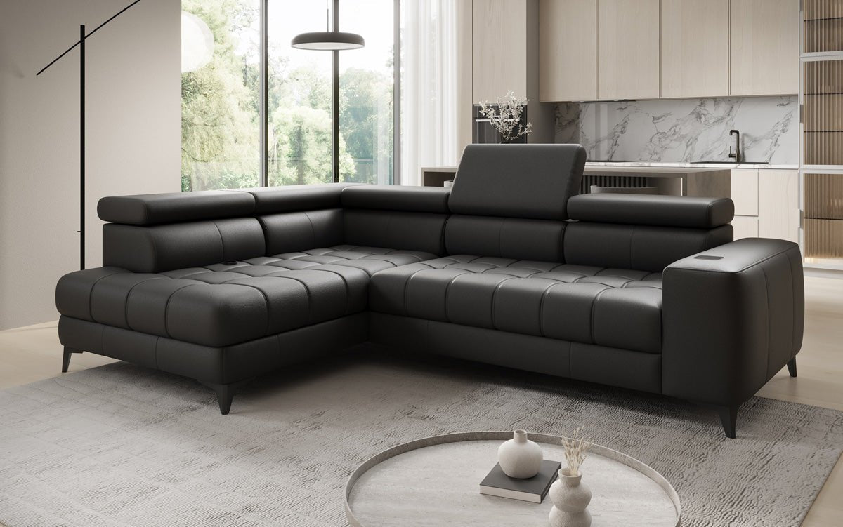Designer L Sofa Seluna mit elektrischer Schlaffunktion, Induktion und Stauraum in Echtleder