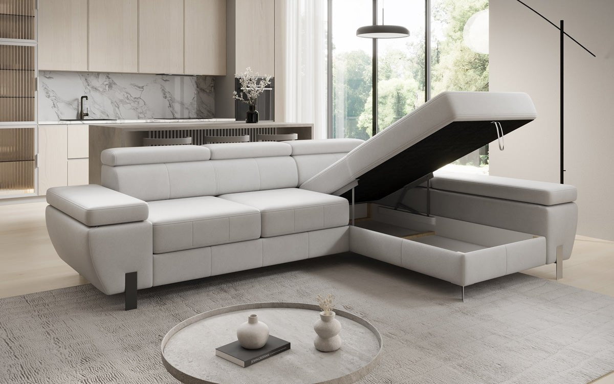 Designer L Sofa Calista mit Schlaffunktion und Stauraum in Echtleder