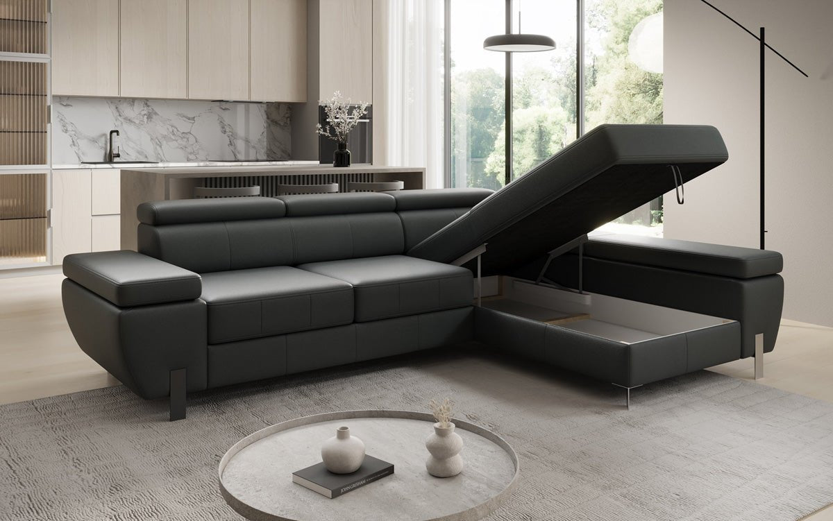 Designer L Sofa Calista mit Schlaffunktion und Stauraum in Echtleder
