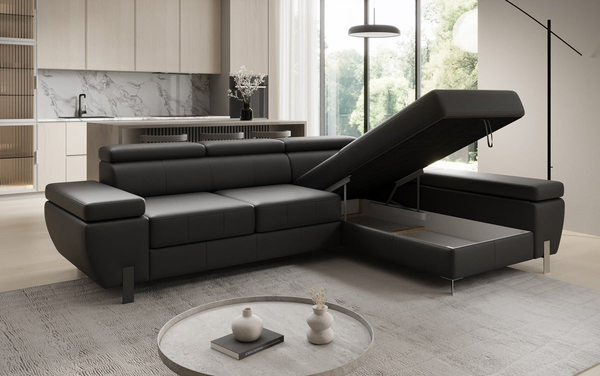 Designer L Sofa Calista mit Schlaffunktion und Stauraum in Echtleder
