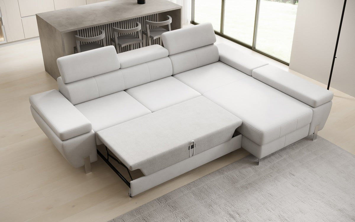 Designer L Sofa Calista mit Schlaffunktion und Stauraum in Echtleder