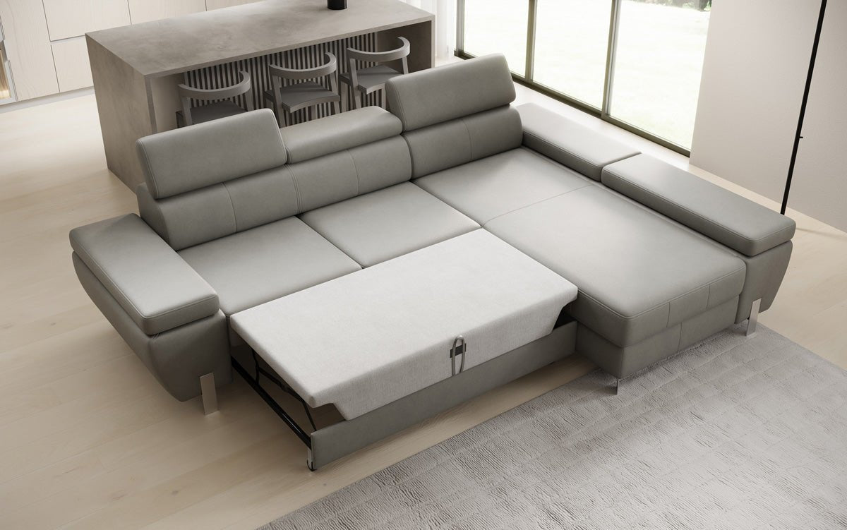 Designer L Sofa Calista mit Schlaffunktion und Stauraum in Echtleder