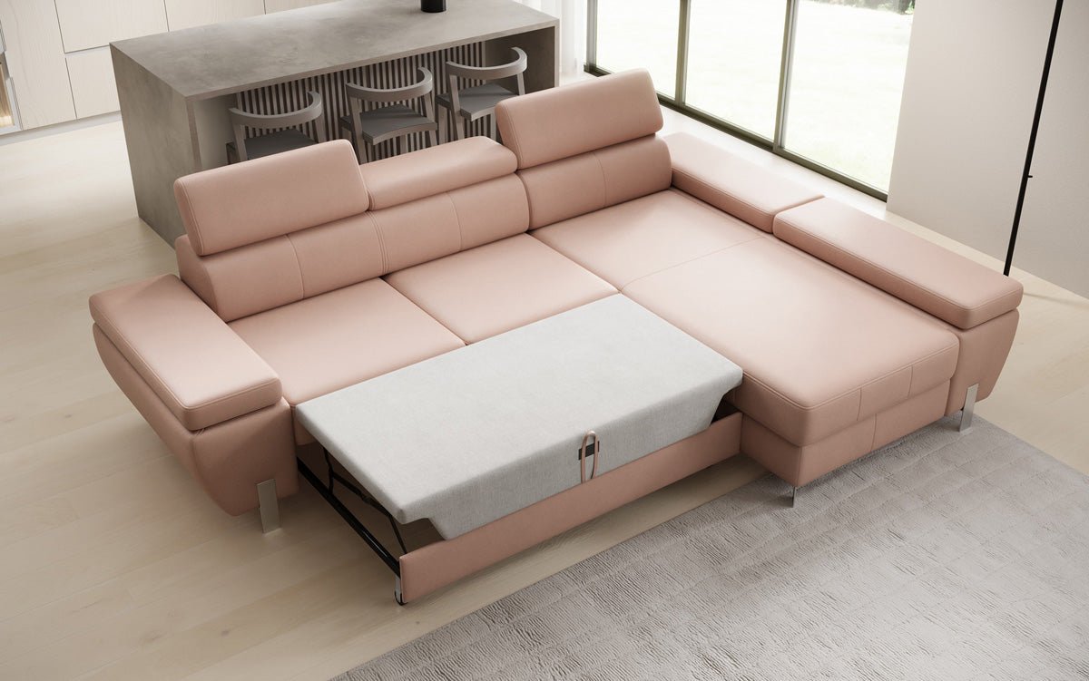 Designer L Sofa Calista mit Schlaffunktion und Stauraum in Echtleder