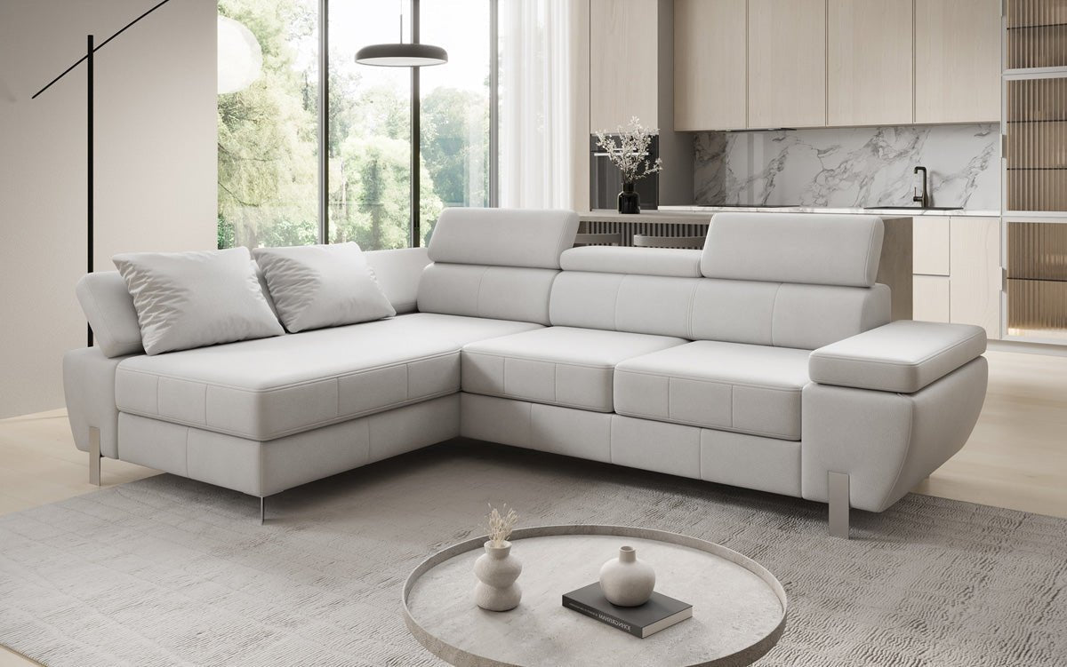 Designer L Sofa Calista mit Schlaffunktion und Stauraum in Echtleder