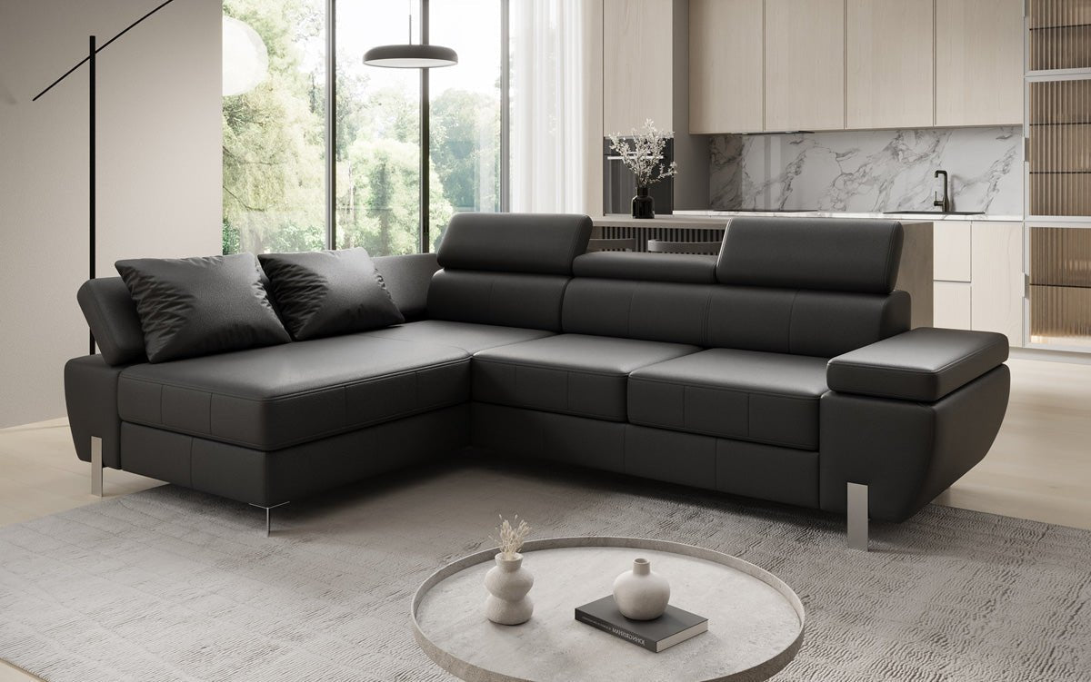 Designer L Sofa Calista mit Schlaffunktion und Stauraum in Echtleder