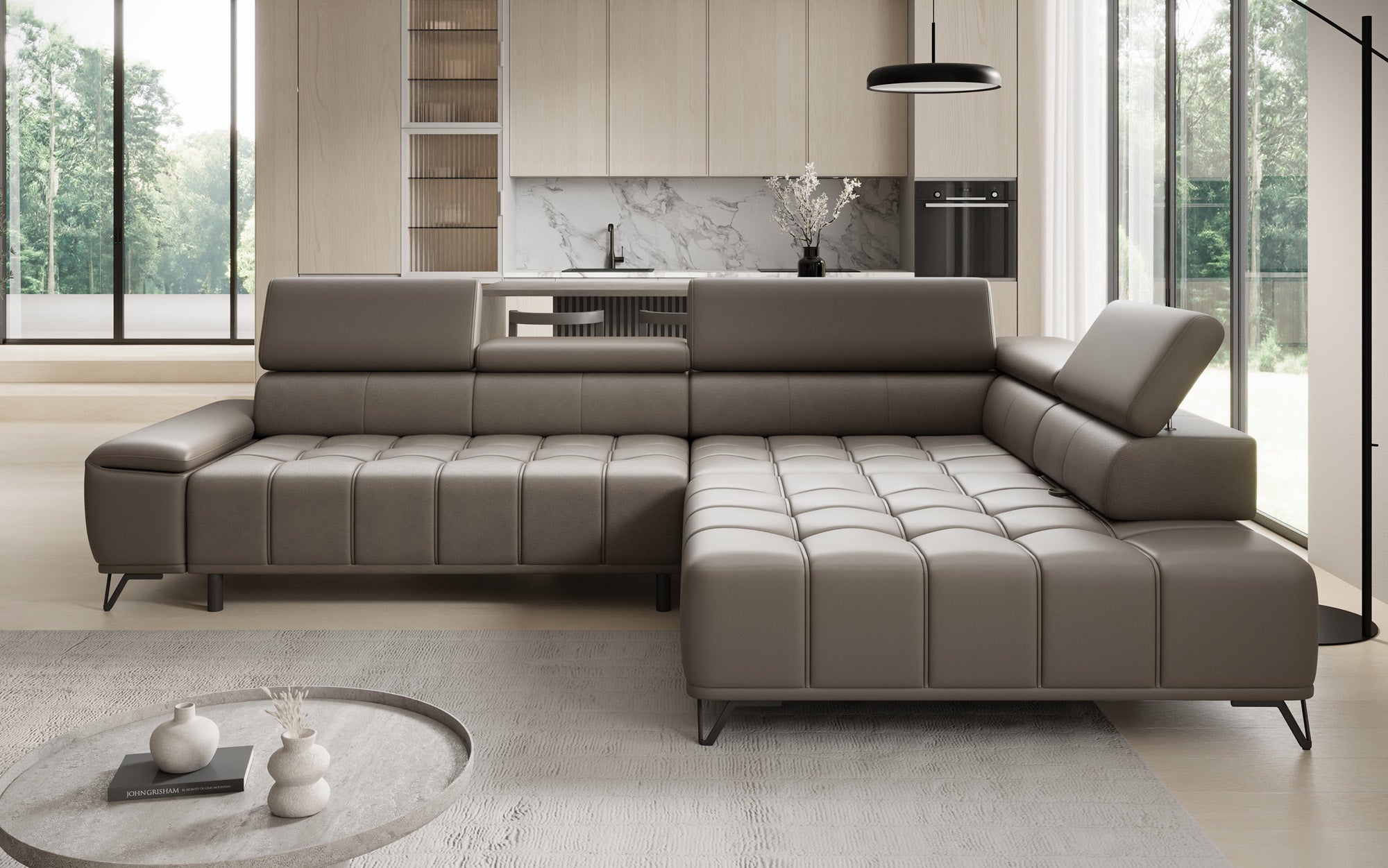 Designer L Sofa Selora mit elektrischer Schlaffunktion und verstellbarerer Rückenlehne in Echtleder
