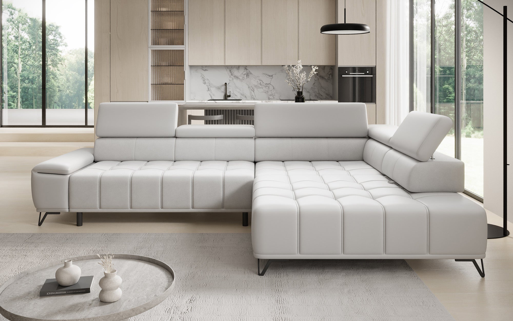 Designer L Sofa Selora mit elektrischer Schlaffunktion und verstellbarerer Rückenlehne in Echtleder