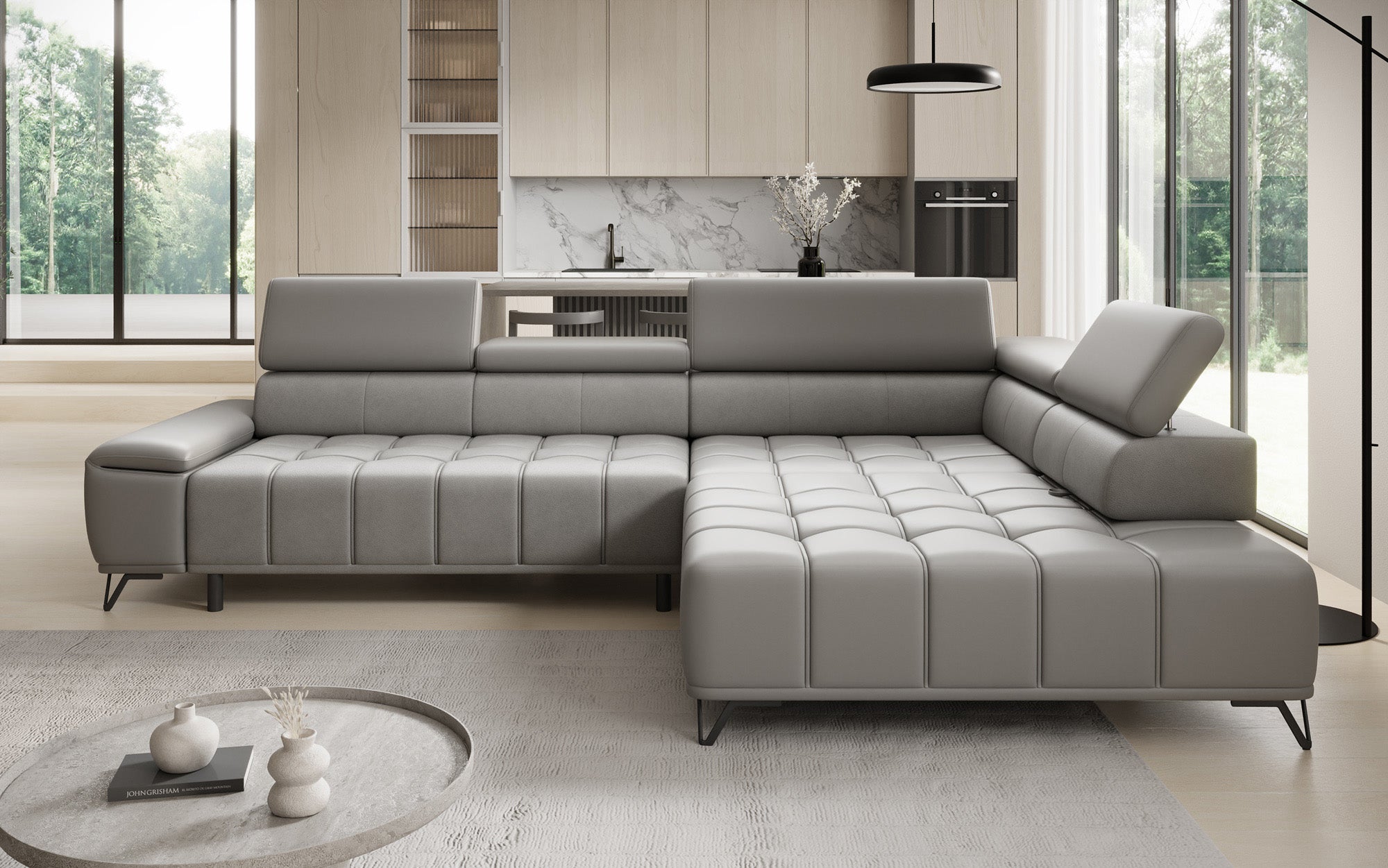 Designer L Sofa Selora mit elektrischer Schlaffunktion und verstellbarerer Rückenlehne in Echtleder