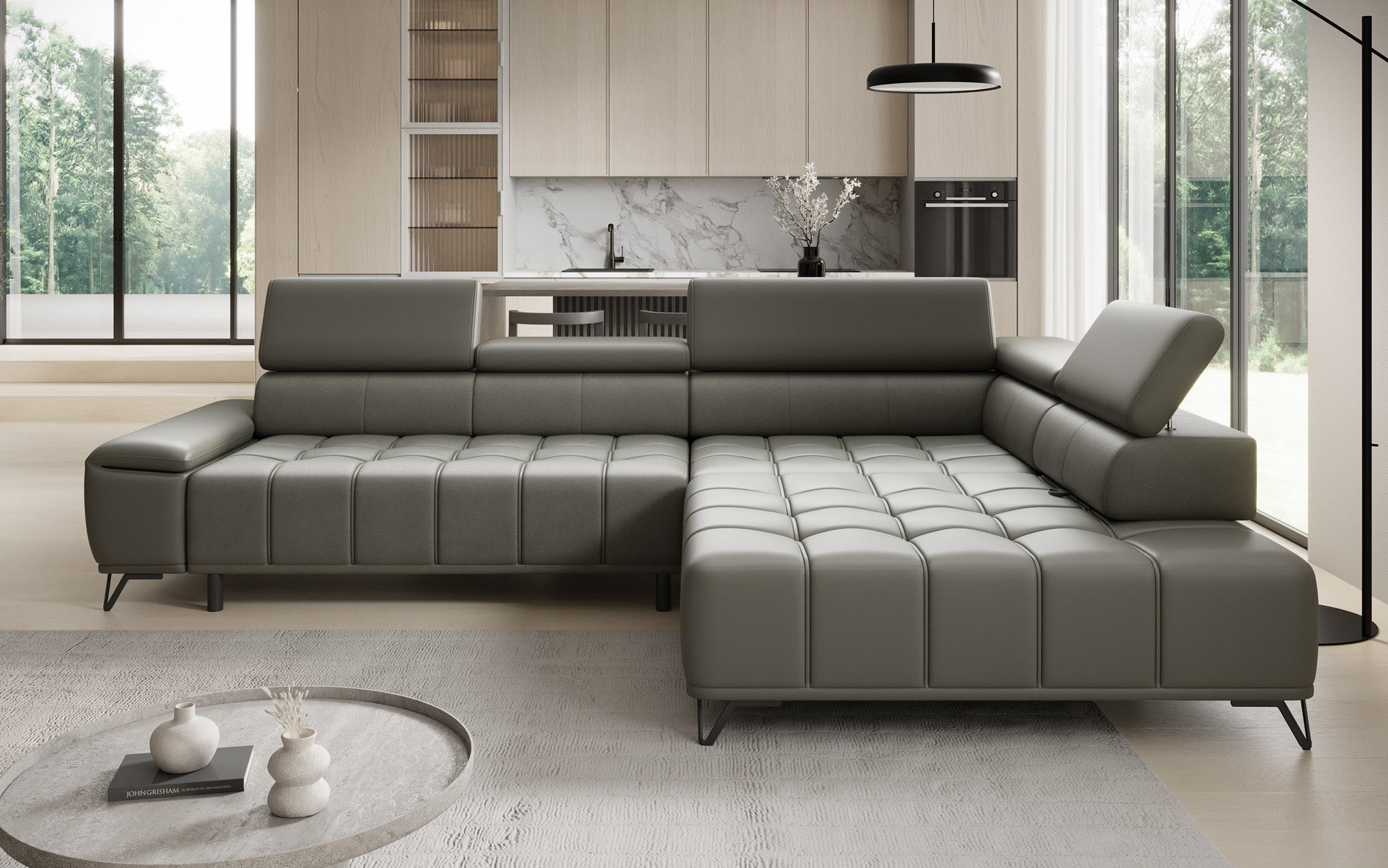Designer L Sofa Selora mit elektrischer Schlaffunktion und verstellbarerer Rückenlehne in Echtleder