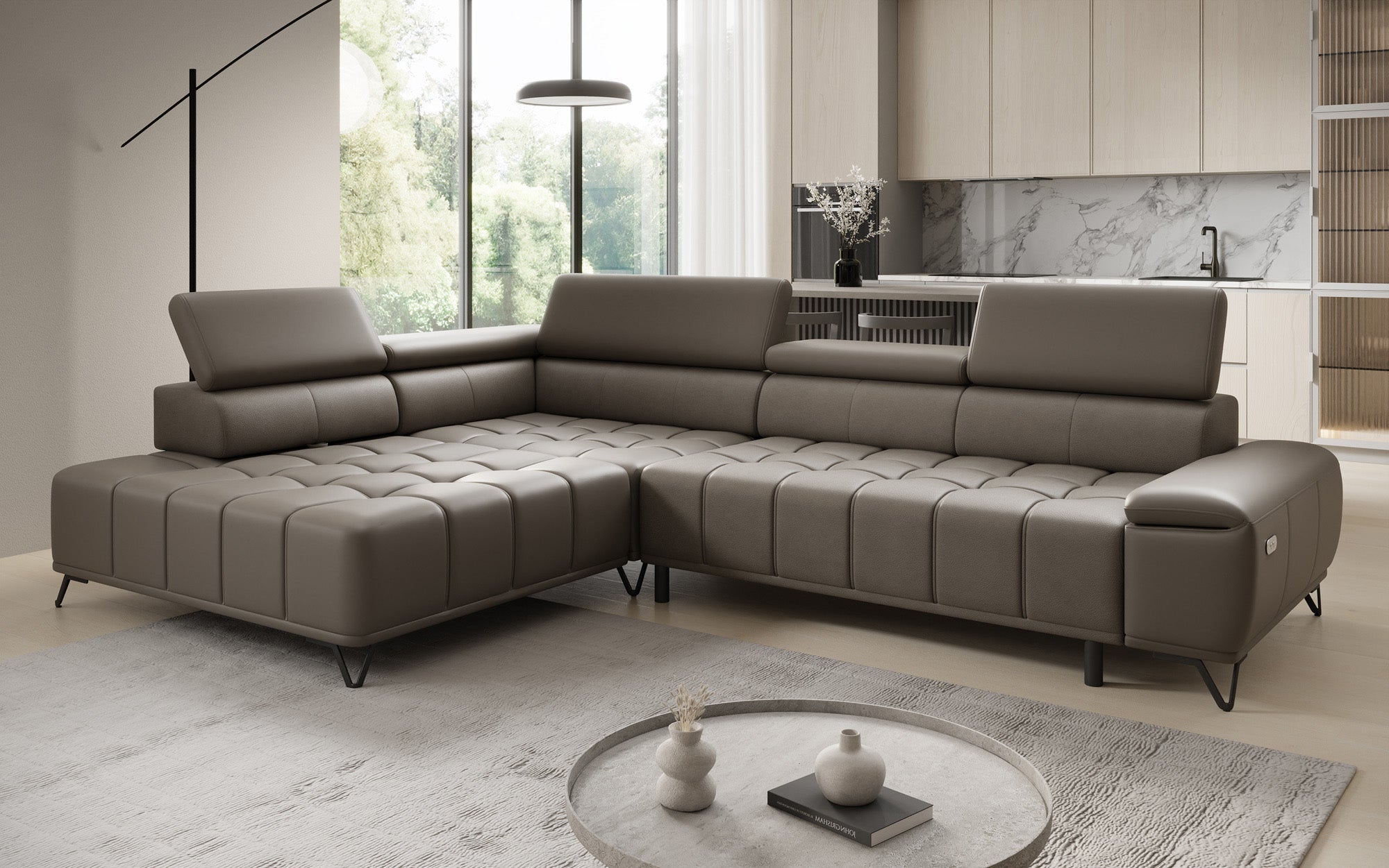 Designer L Sofa Selora mit elektrischer Schlaffunktion und verstellbarerer Rückenlehne in Echtleder