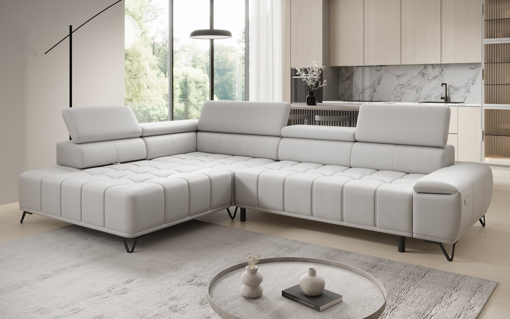 Designer L Sofa Selora mit elektrischer Schlaffunktion und verstellbarerer Rückenlehne in Echtleder