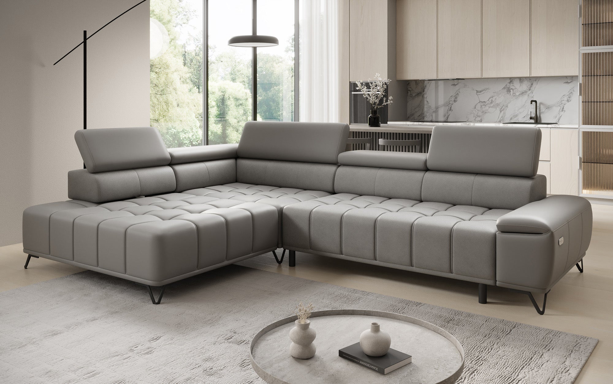 Designer L Sofa Selora mit elektrischer Schlaffunktion und verstellbarerer Rückenlehne in Echtleder