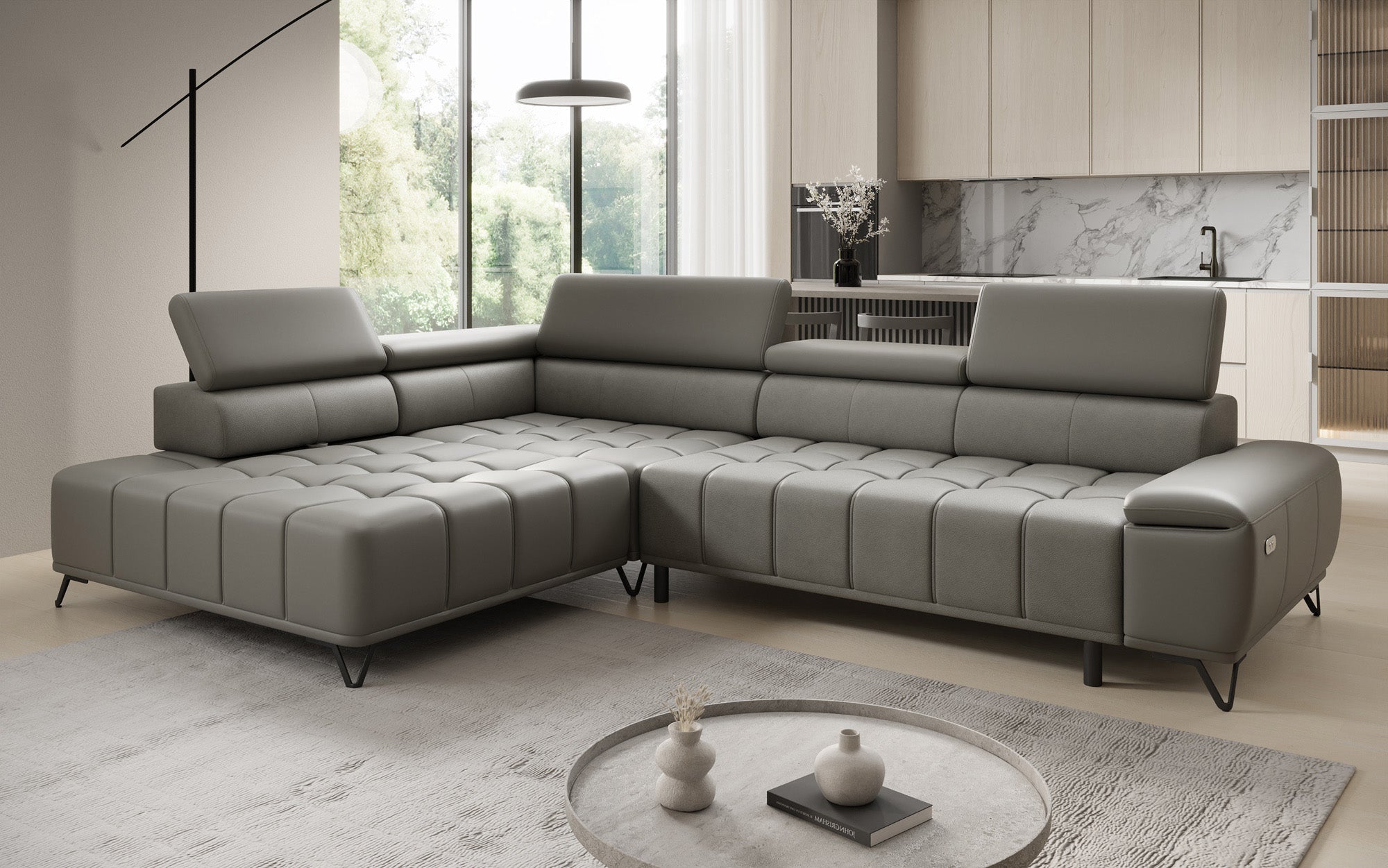 Designer L Sofa Selora mit elektrischer Schlaffunktion und verstellbarerer Rückenlehne in Echtleder