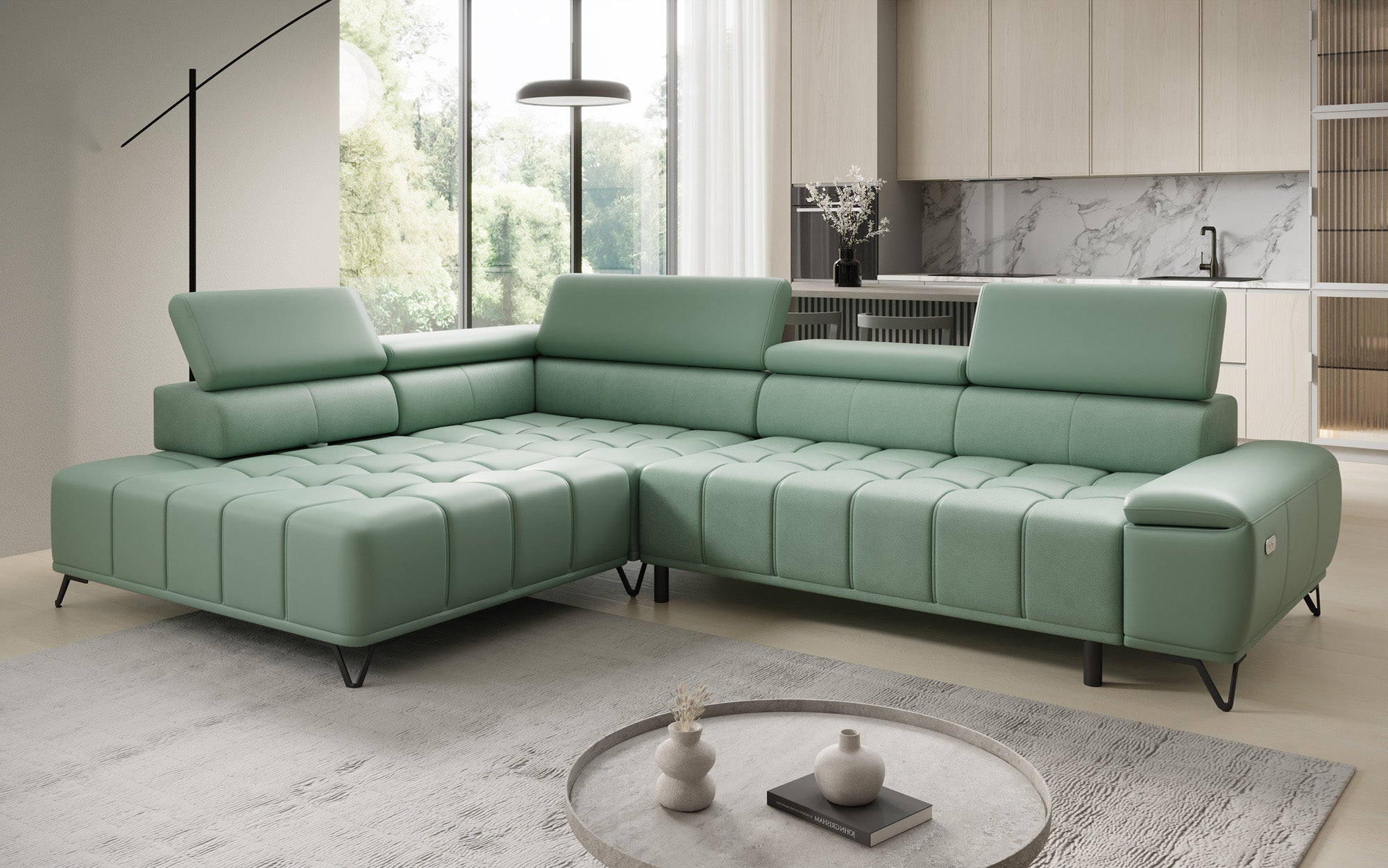 Designer L Sofa Selora mit elektrischer Schlaffunktion und verstellbarerer Rückenlehne in Echtleder