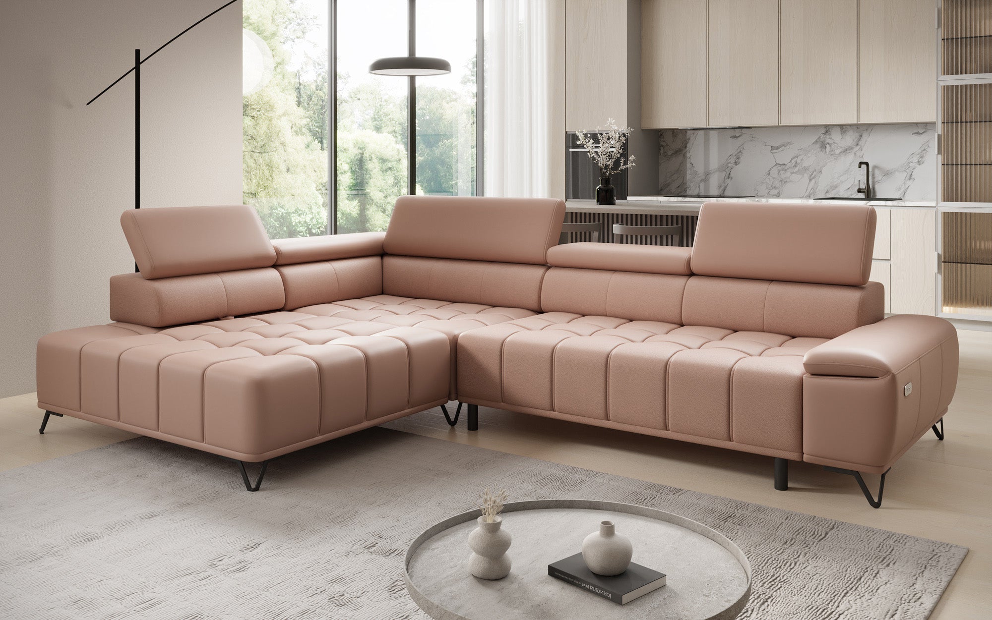 Designer L Sofa Selora mit elektrischer Schlaffunktion und verstellbarerer Rückenlehne in Echtleder