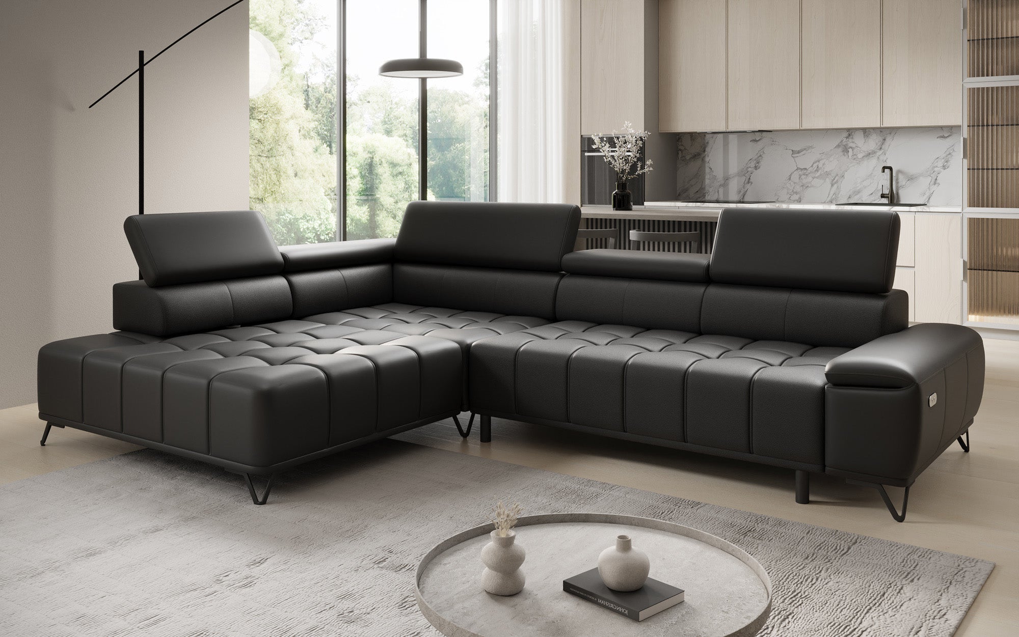Designer L Sofa Selora mit elektrischer Schlaffunktion und verstellbarerer Rückenlehne in Echtleder