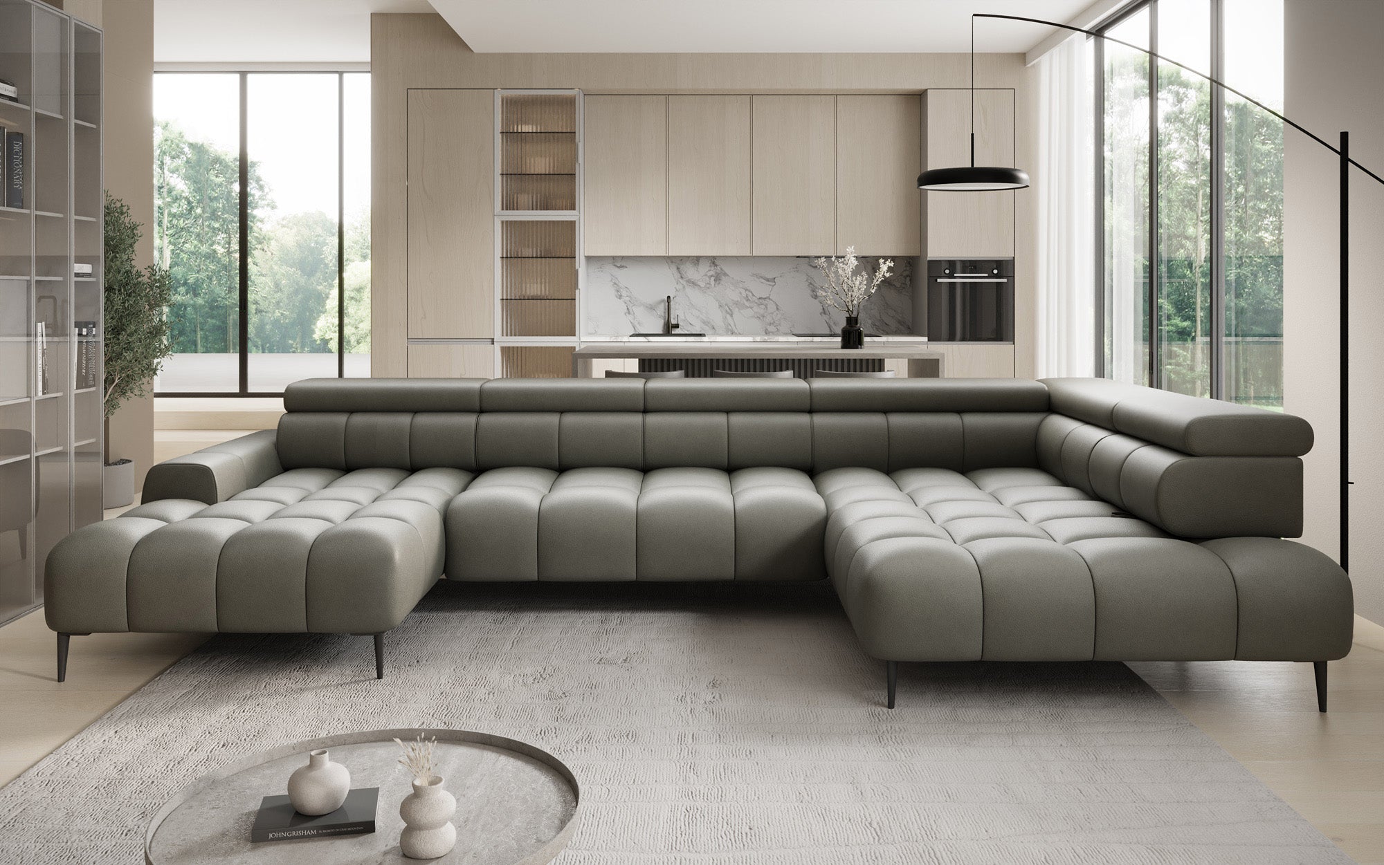 Designer Sofa Ceora U mit elektrischer Schlaffunktion und verstellbarerer Rückenlehne in Echtleder