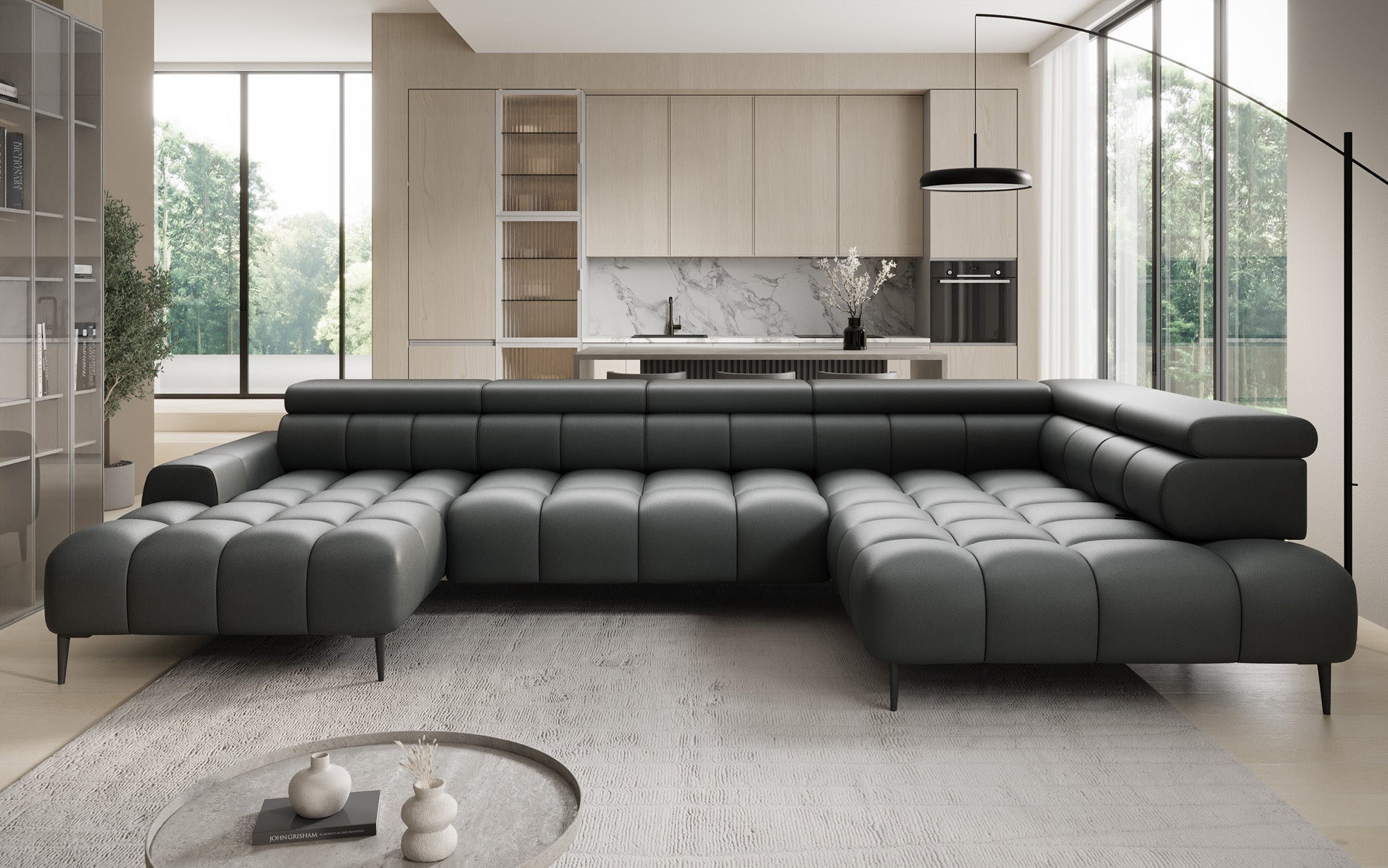 Designer Sofa Ceora U mit elektrischer Schlaffunktion und verstellbarerer Rückenlehne in Echtleder