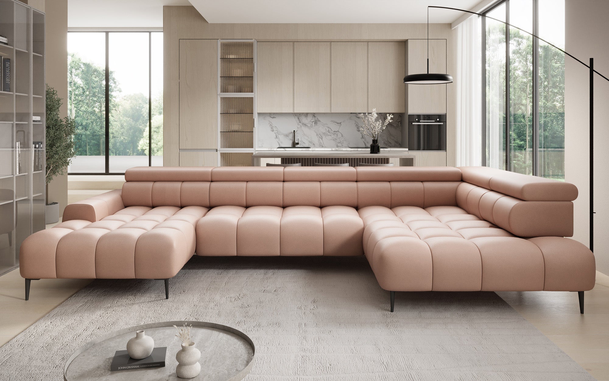 Designer Sofa Ceora U mit elektrischer Schlaffunktion und verstellbarerer Rückenlehne in Echtleder