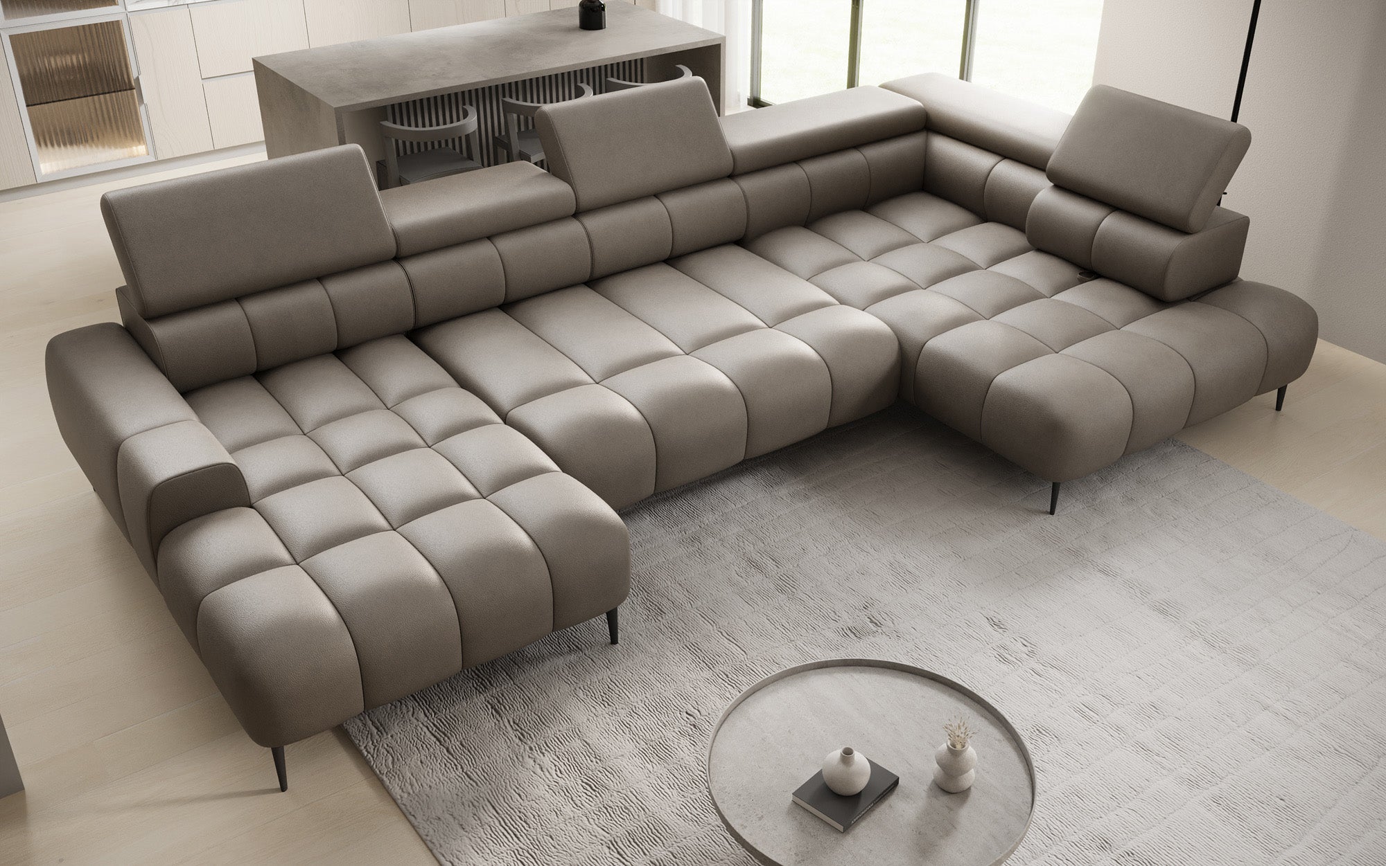 Designer Sofa Ceora U mit elektrischer Schlaffunktion und verstellbarerer Rückenlehne in Echtleder