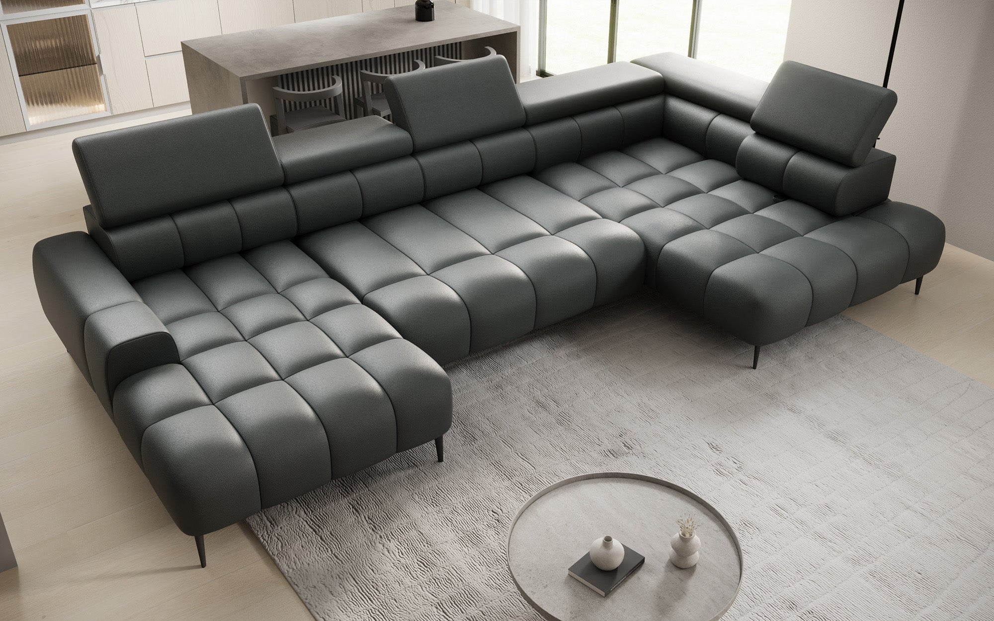 Designer Sofa Ceora U mit elektrischer Schlaffunktion und verstellbarerer Rückenlehne in Echtleder