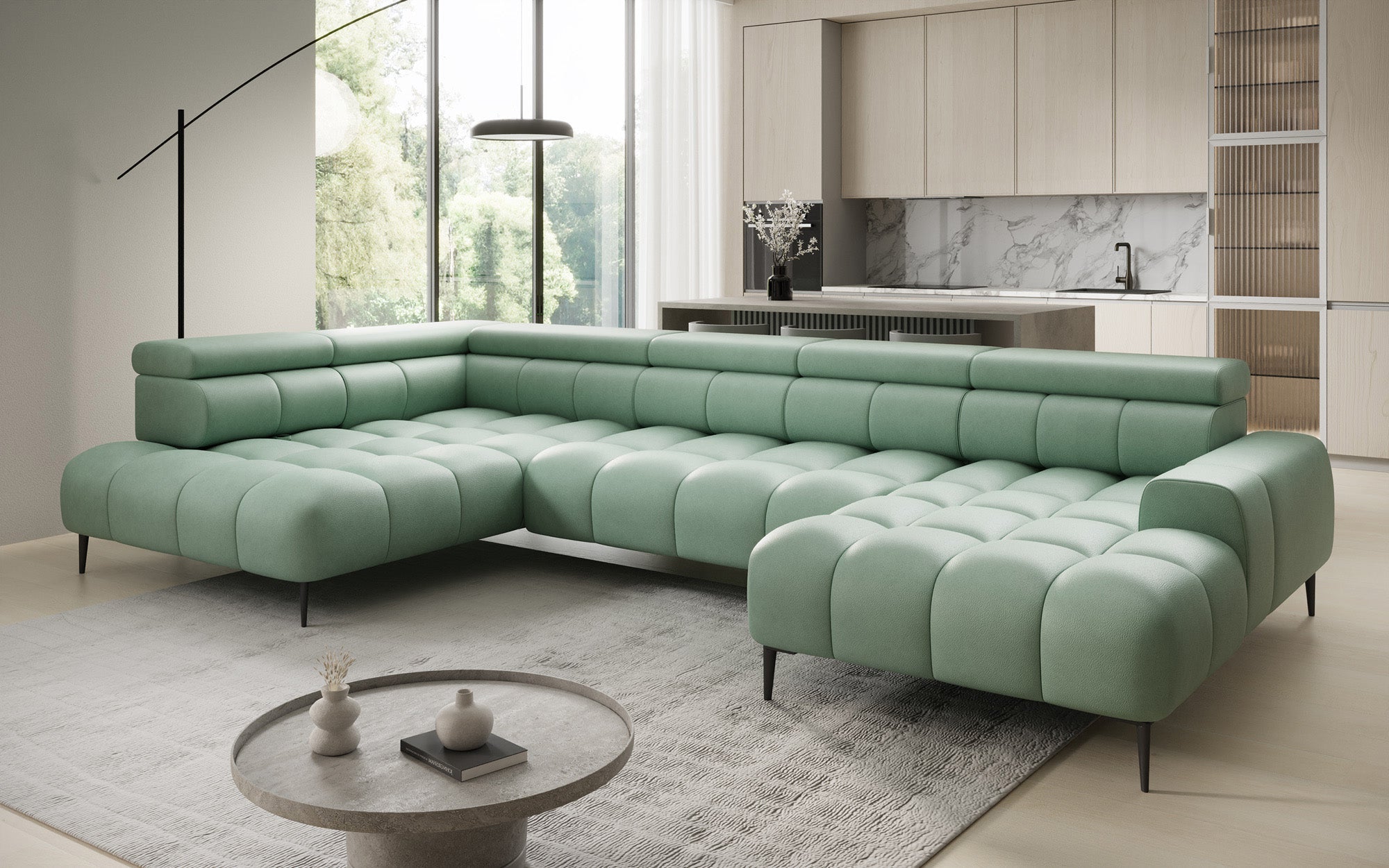 Designer Sofa Ceora U mit elektrischer Schlaffunktion und verstellbarerer Rückenlehne in Echtleder