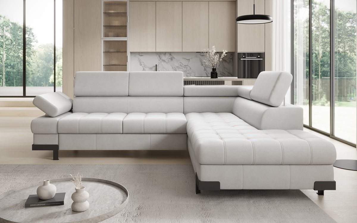 Designer L Sofa Noelia mit Schlaffunktion und Stauraum in Echtleder