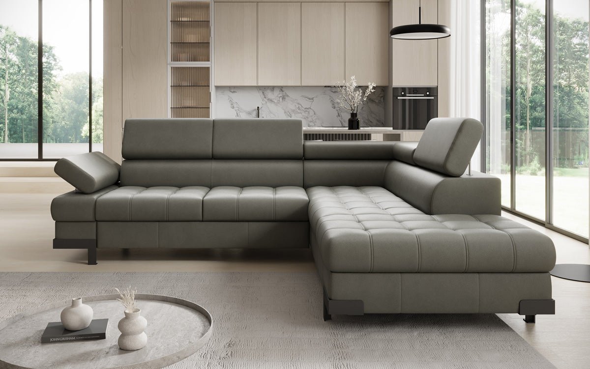 Designer L Sofa Noelia mit Schlaffunktion und Stauraum in Echtleder