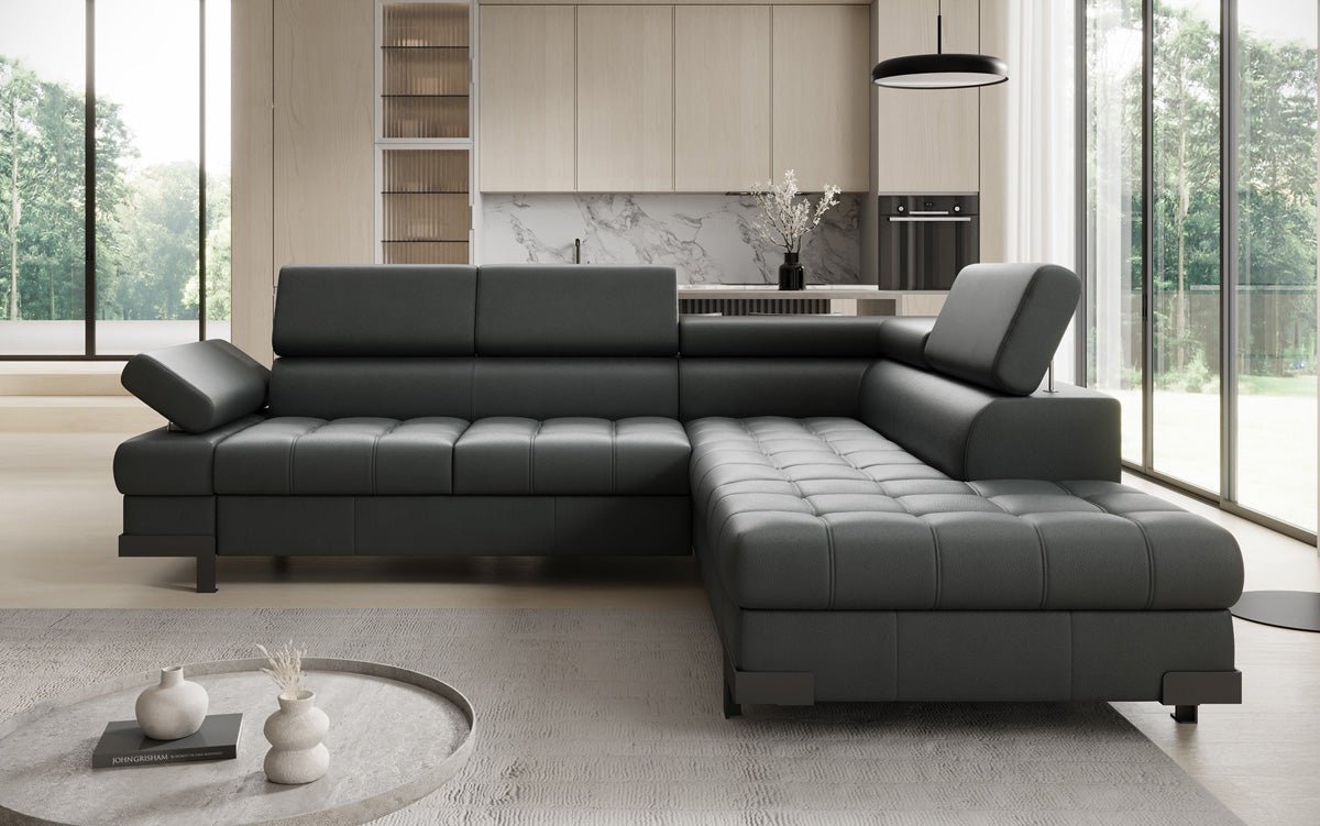 Designer L Sofa Noelia mit Schlaffunktion und Stauraum in Echtleder