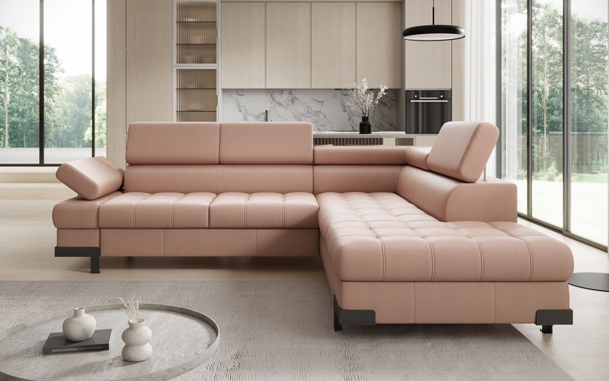 Designer L Sofa Noelia mit Schlaffunktion und Stauraum in Echtleder