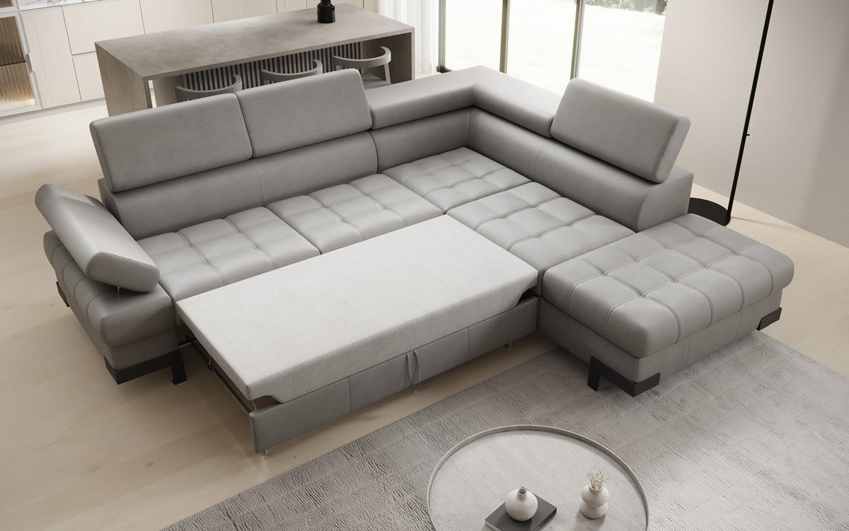 Designer L Sofa Noelia mit Schlaffunktion und Stauraum in Echtleder