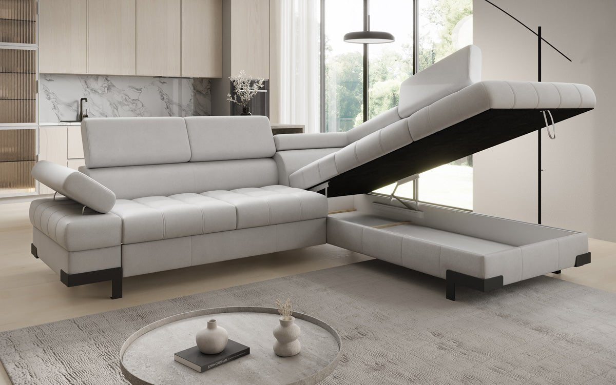 Designer L Sofa Noelia mit Schlaffunktion und Stauraum in Echtleder