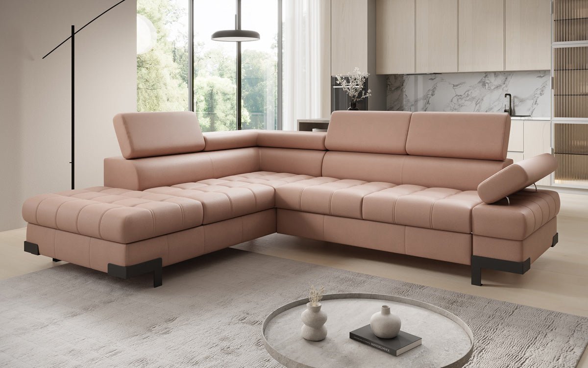 Designer L Sofa Noelia mit Schlaffunktion und Stauraum in Echtleder