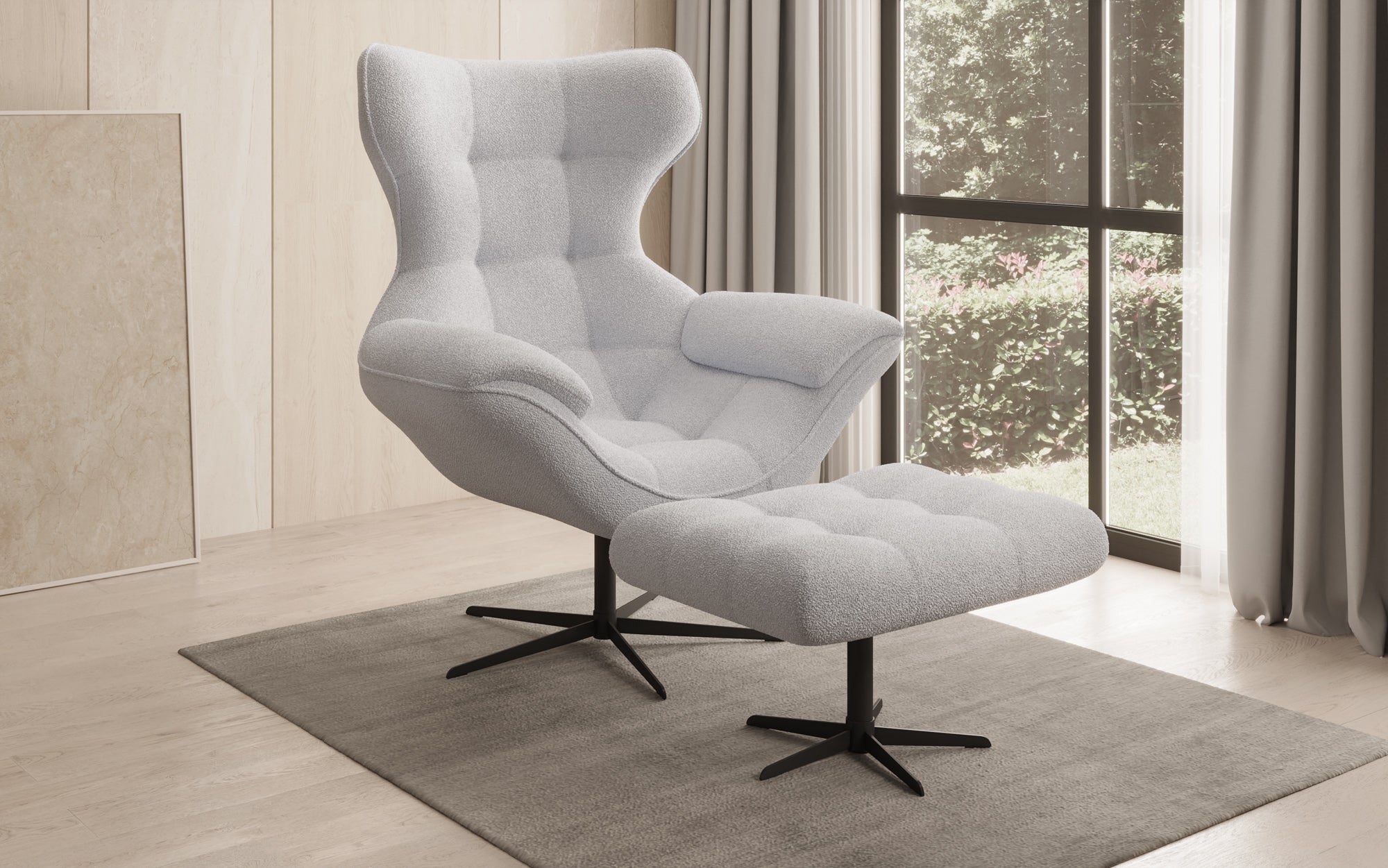 Designer Sofa-Sessel Aurelio inkl. Beistellhocker in Bouclé