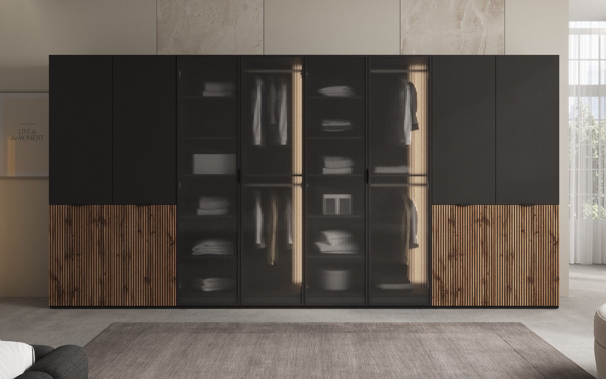 Modulo Kalen – Viermoduliger Design-Kleiderschrank mit Holz- und Strukturglasfron