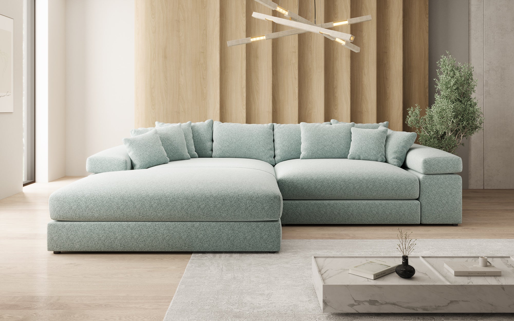 Designer Sofa Bernardo mit breiter Ottomane in Strukturstoff